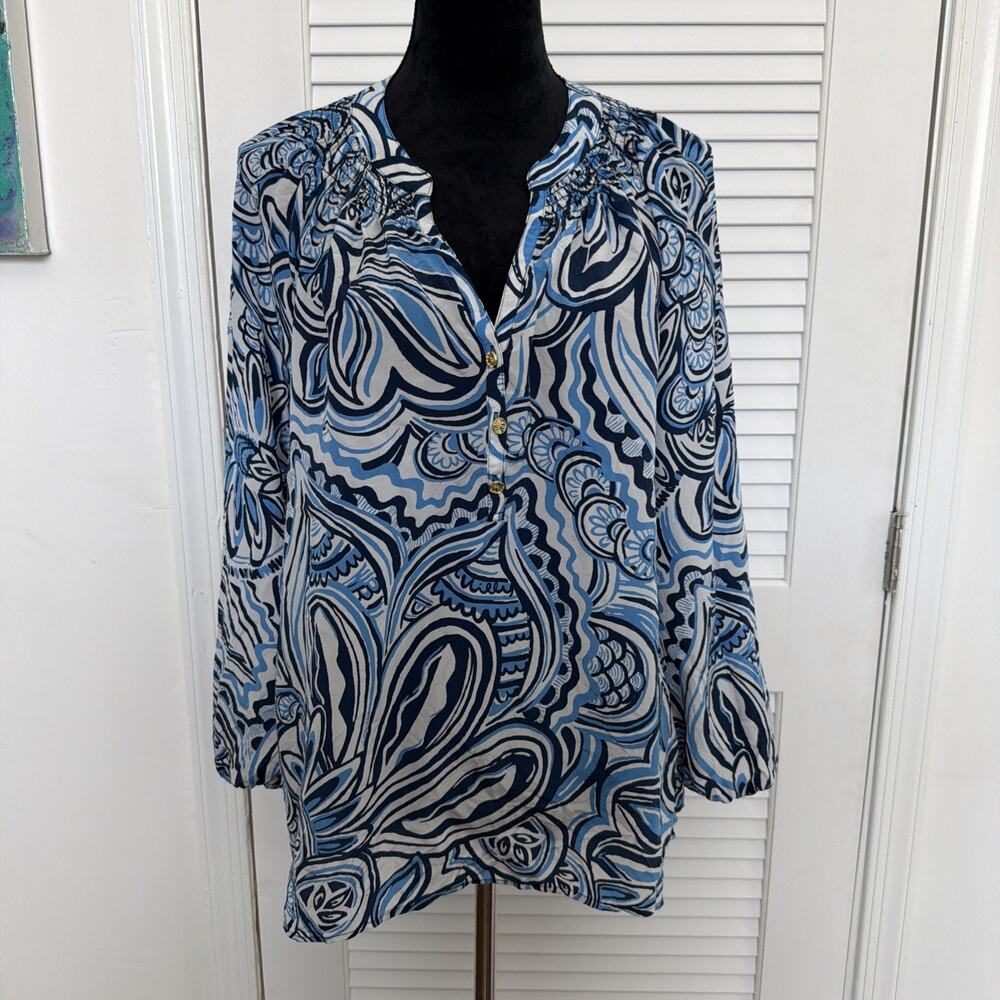 Lilly Pulitzer Elsa Silk Top - Resort White Give It A Whirl - Size Large